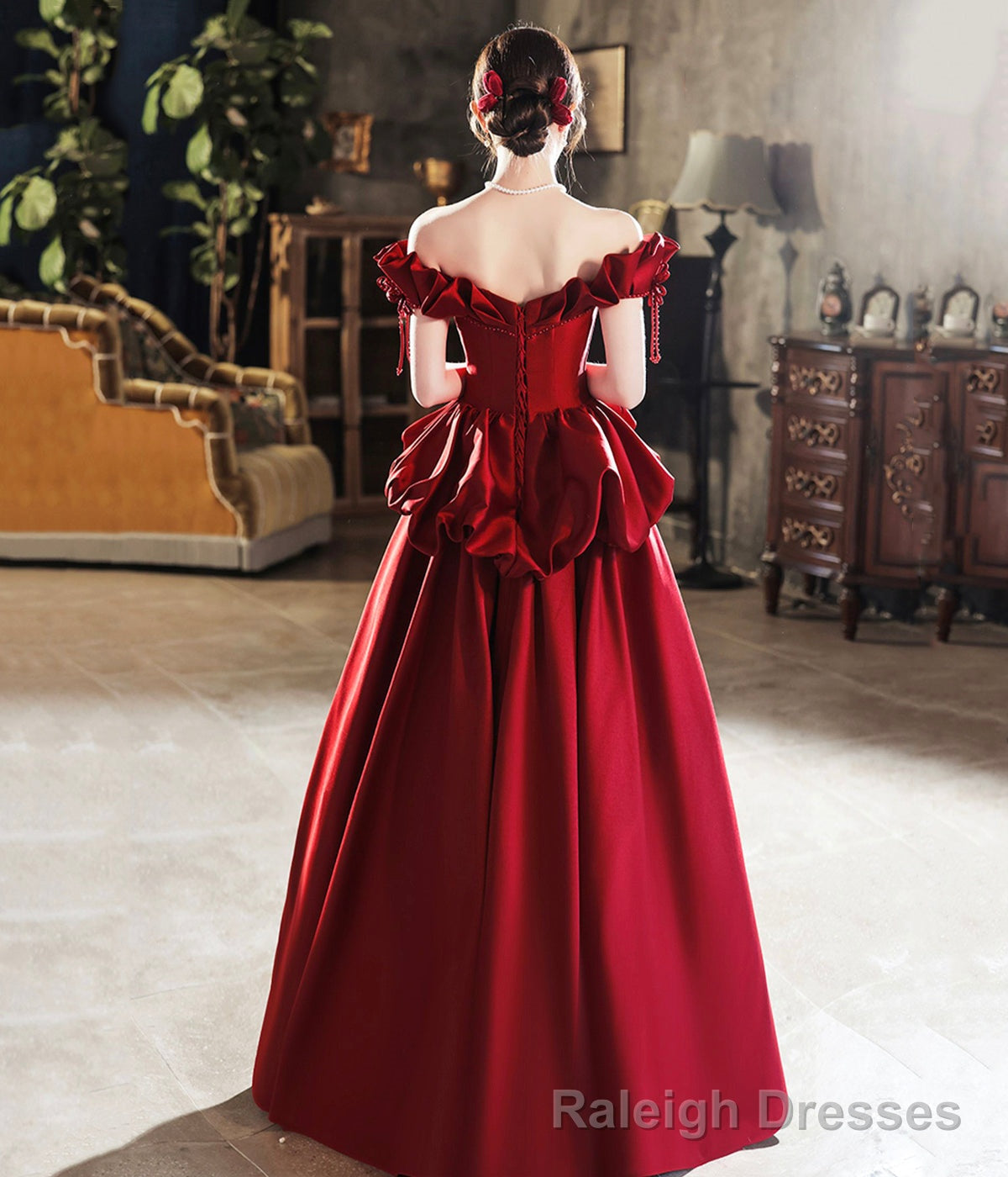 Burgundy Satin Long Prom Dress, Cute A Line Off Shoulder Prom Dress