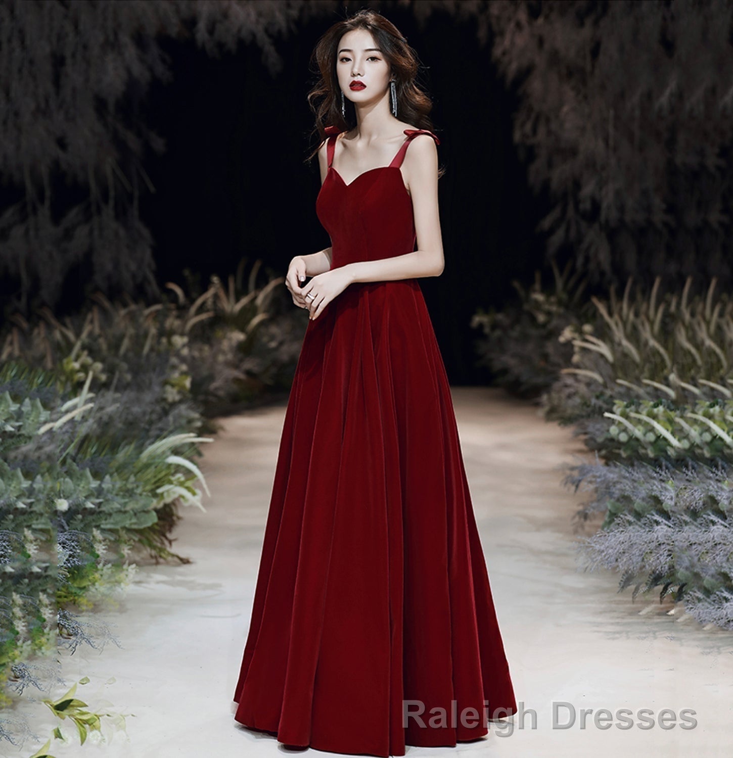 Red velvet long prom dress Simple evening gown