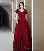 Burgundy satin long prom dress A line evening gown