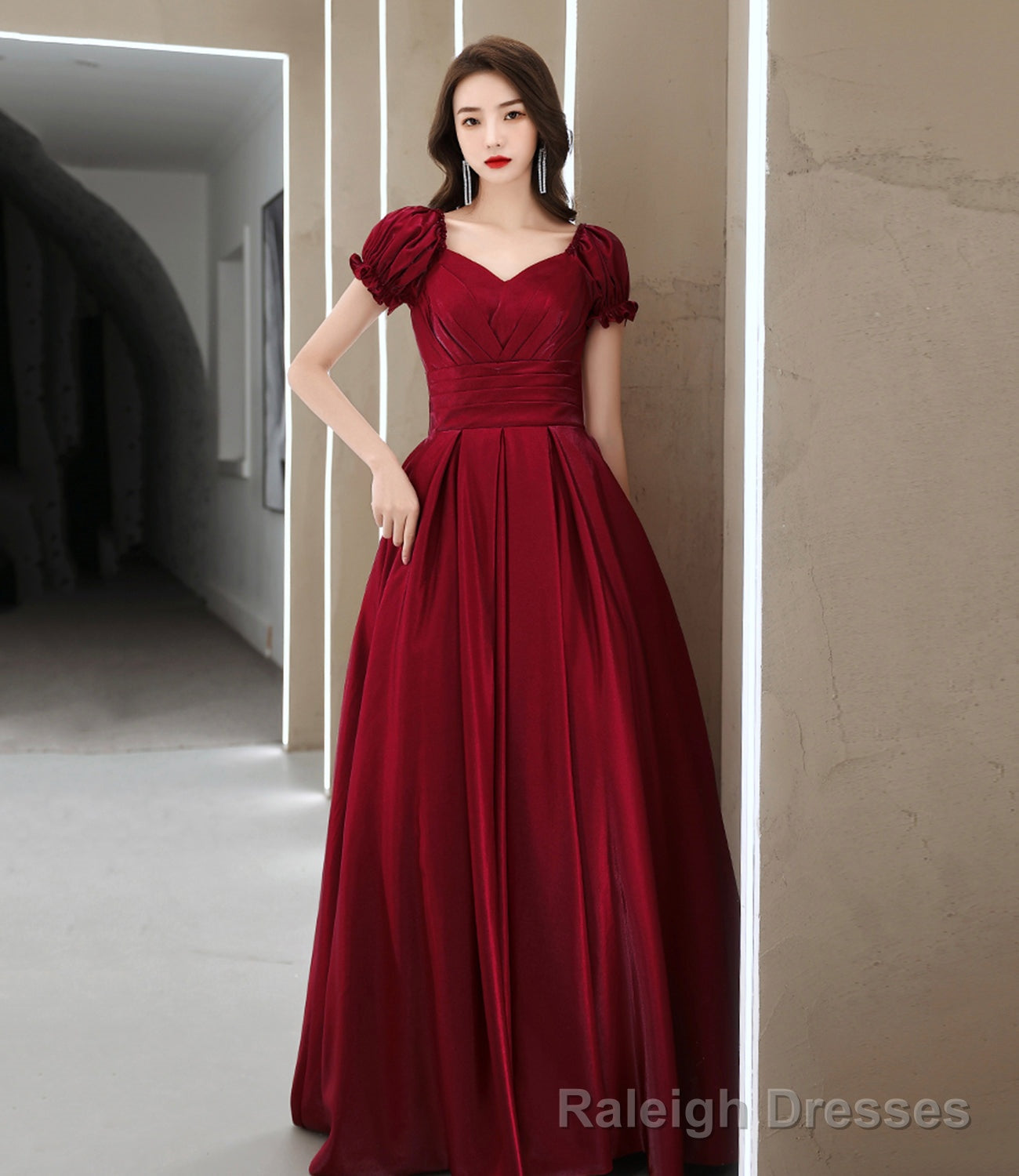 Burgundy satin long prom dress A line evening gown