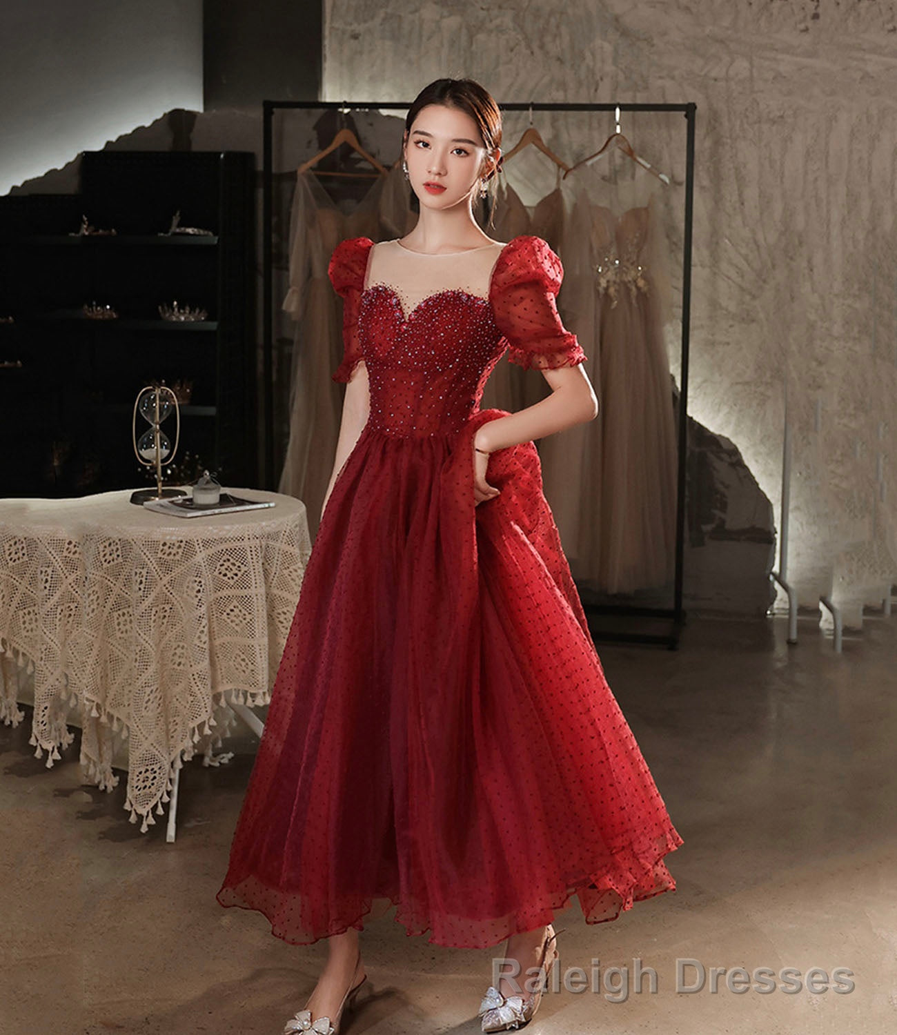 Burgundy tulle beads short prom dress homecoming dress Main image