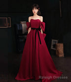 Burgundy satin long prom dress A line evening dress