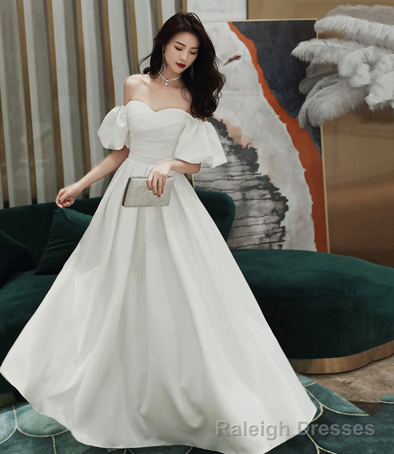 Simple A line long white prom dress white evening dress