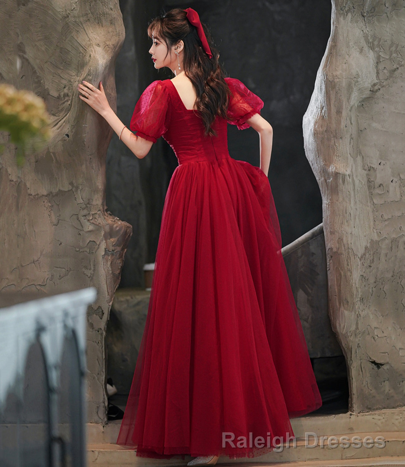 Burgundy tulle long A line prom dress evening dress