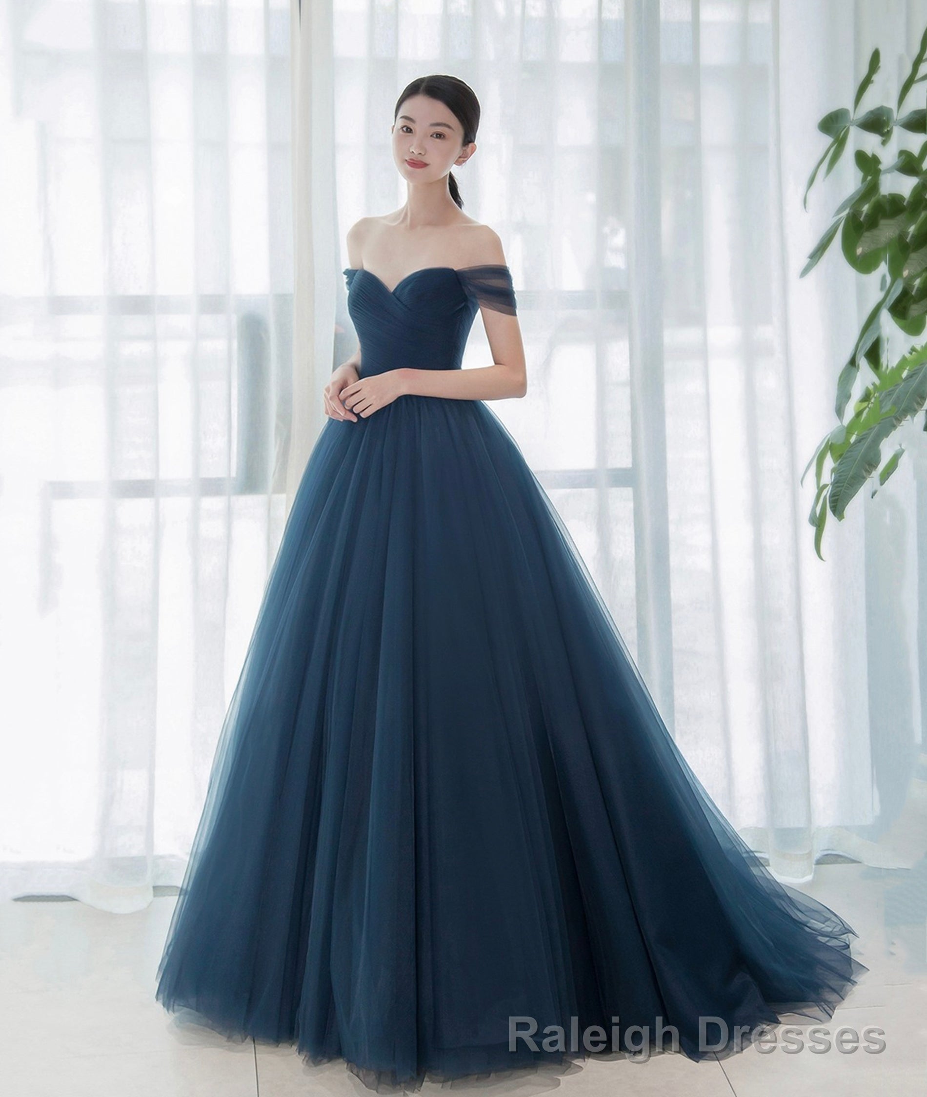 Elegant Tulle Long A-Line Prom Dress, Blue Off the Shoulder Evening Party Dress Secondary image