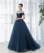 Elegant Tulle Long A-Line Prom Dress, Blue Off the Shoulder Evening Party Dress