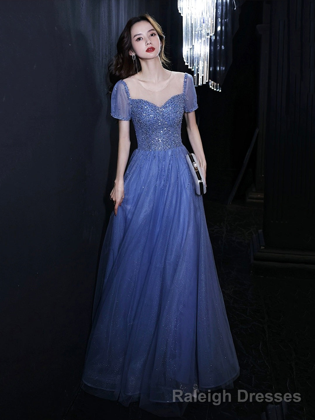 Blue Tulle Beads Long Prom Dress, Beautiful Short Sleeve Prom Prom Dress