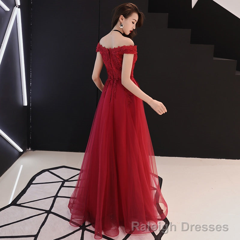 Burgundy lace tulle long prom dress, Prom dress