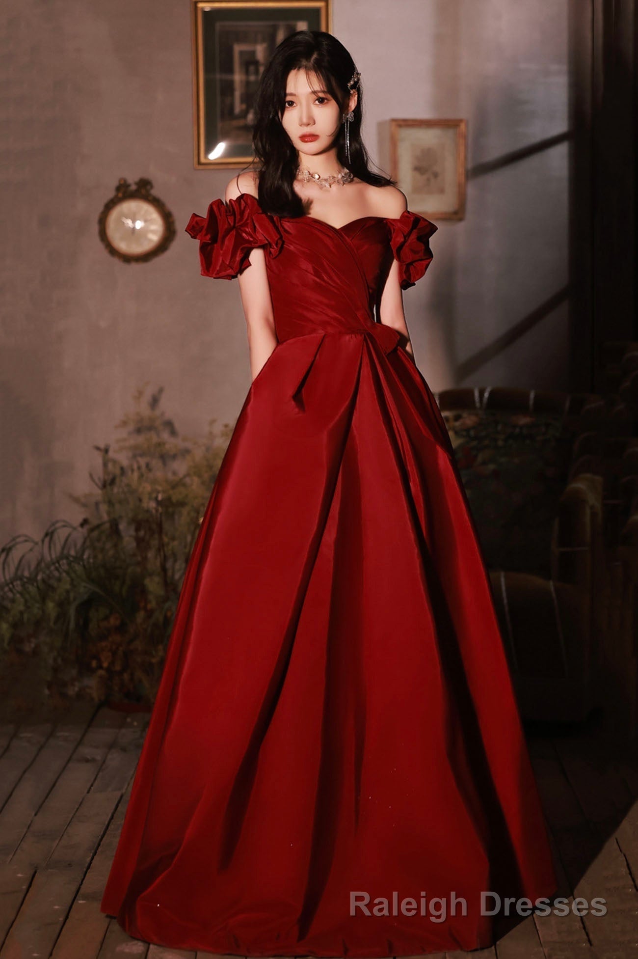 Burgundy satin long prom dress A line evening dress Main image