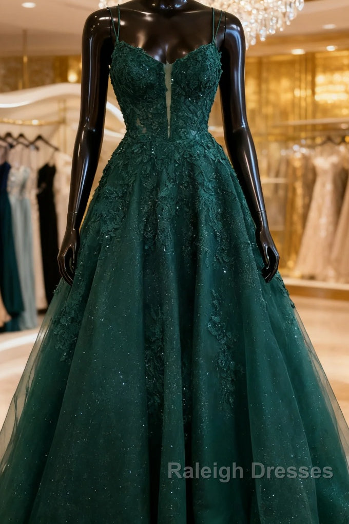 A Line Hunter Green Floral Prom Dresses Appliques Straps Prom Gown