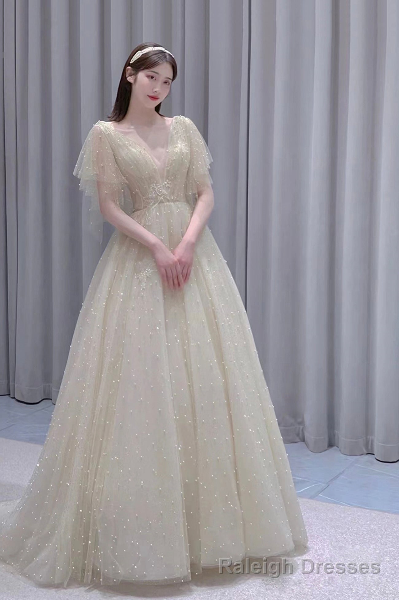 Champagne tulle beads long prom dress A line evening dress Secondary image