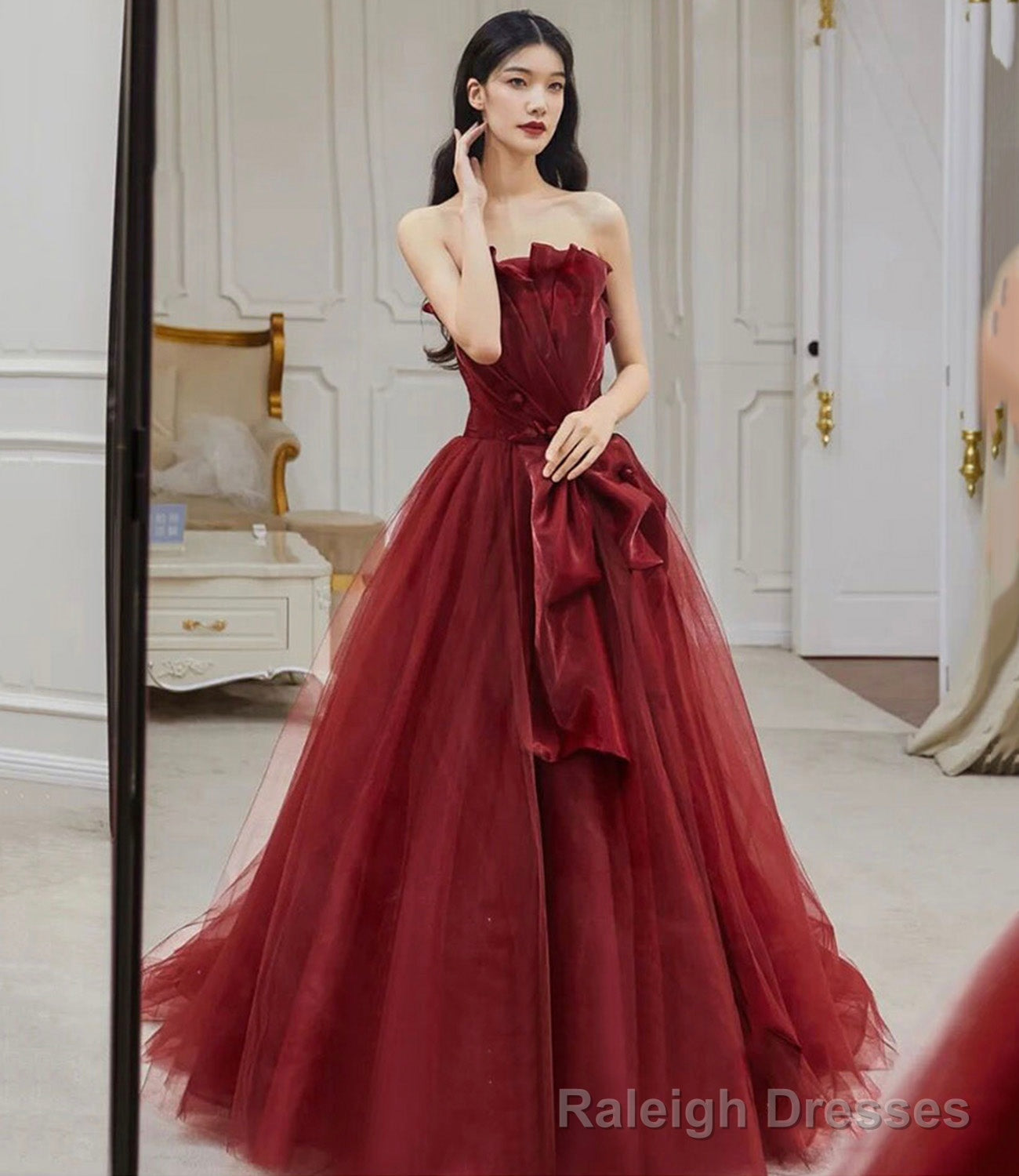 Burgundy tulle long A line ball gown dress formal dress