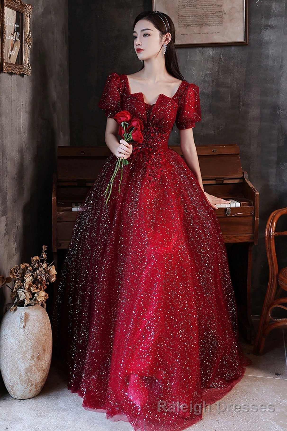 Burgundy sequins long prom dress evening dress