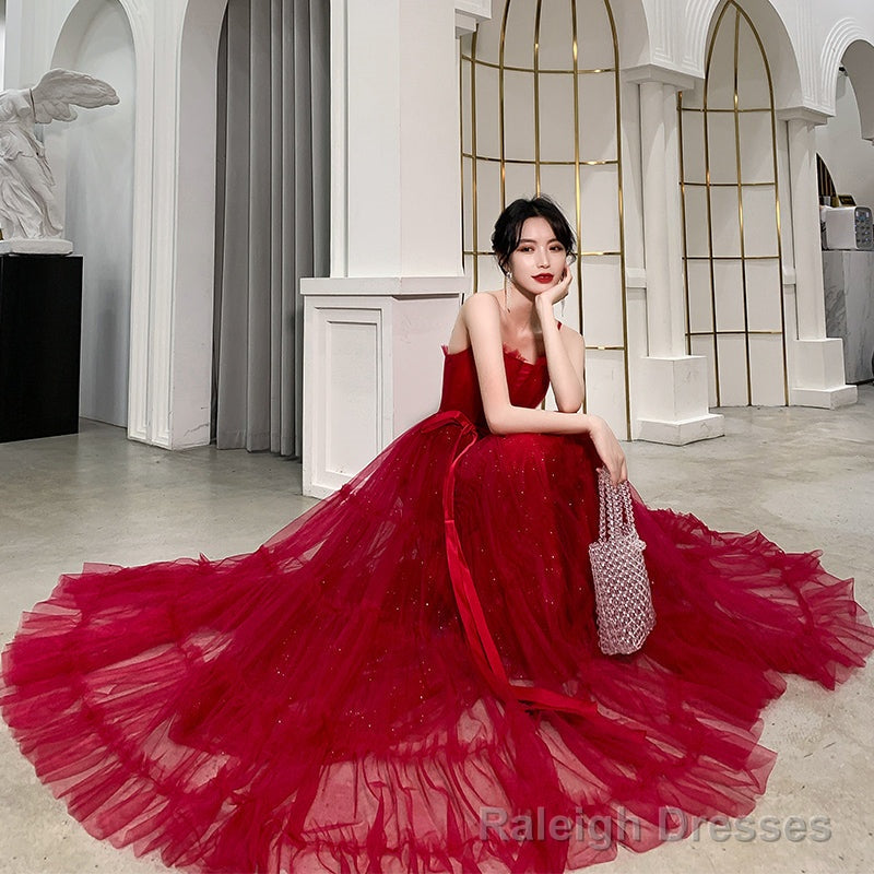 Burgundy tulle long prom dress, evening dress