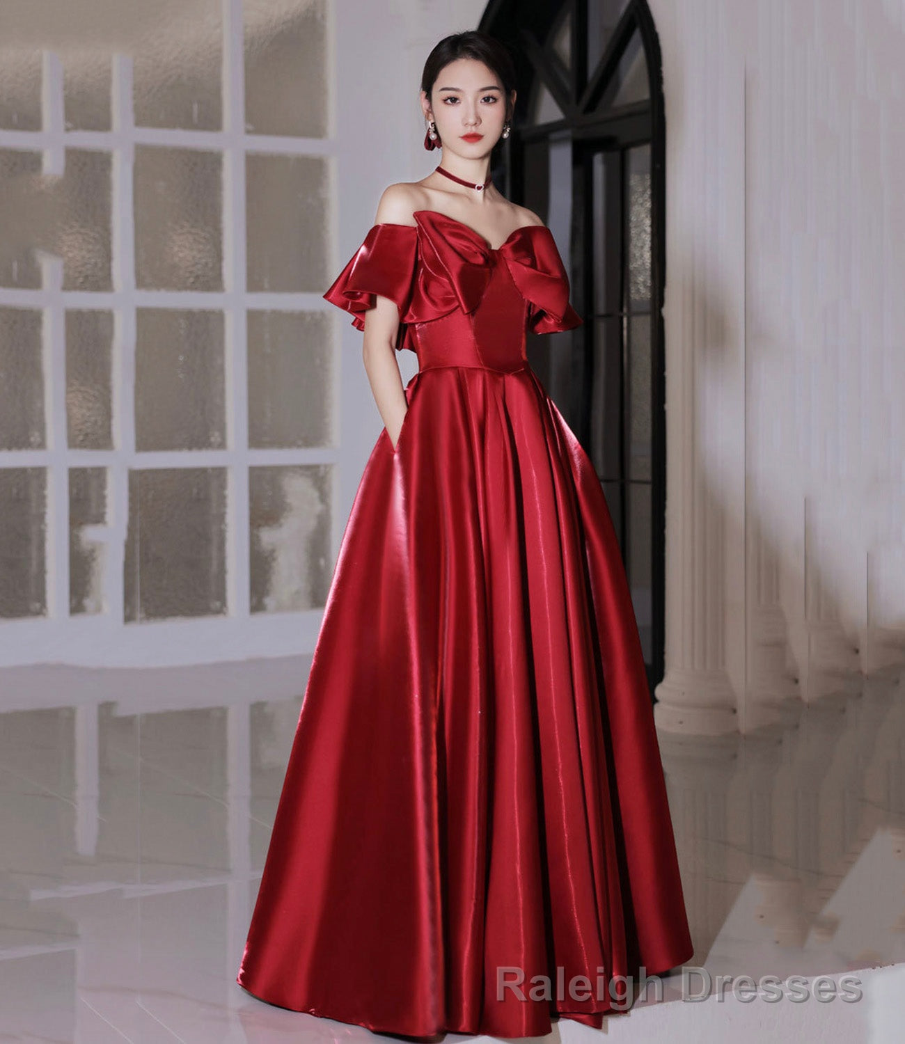 Red satin long prom dress A line evening dress Main image