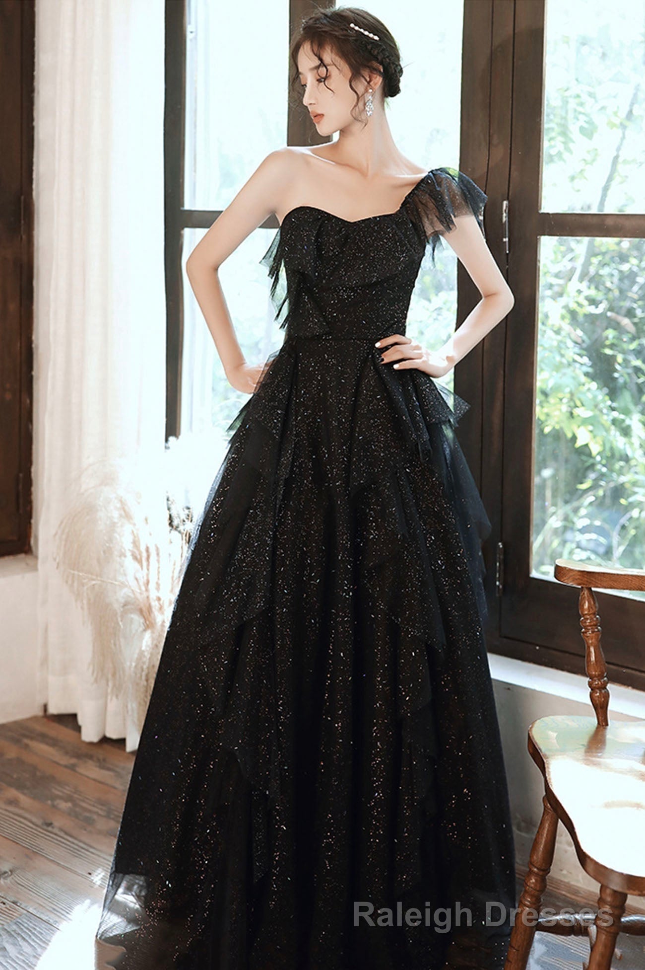 Black tulle sequins long prom dress A line evening dress Secondary image