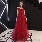 Burgundy lace tulle long prom dress, Prom dress