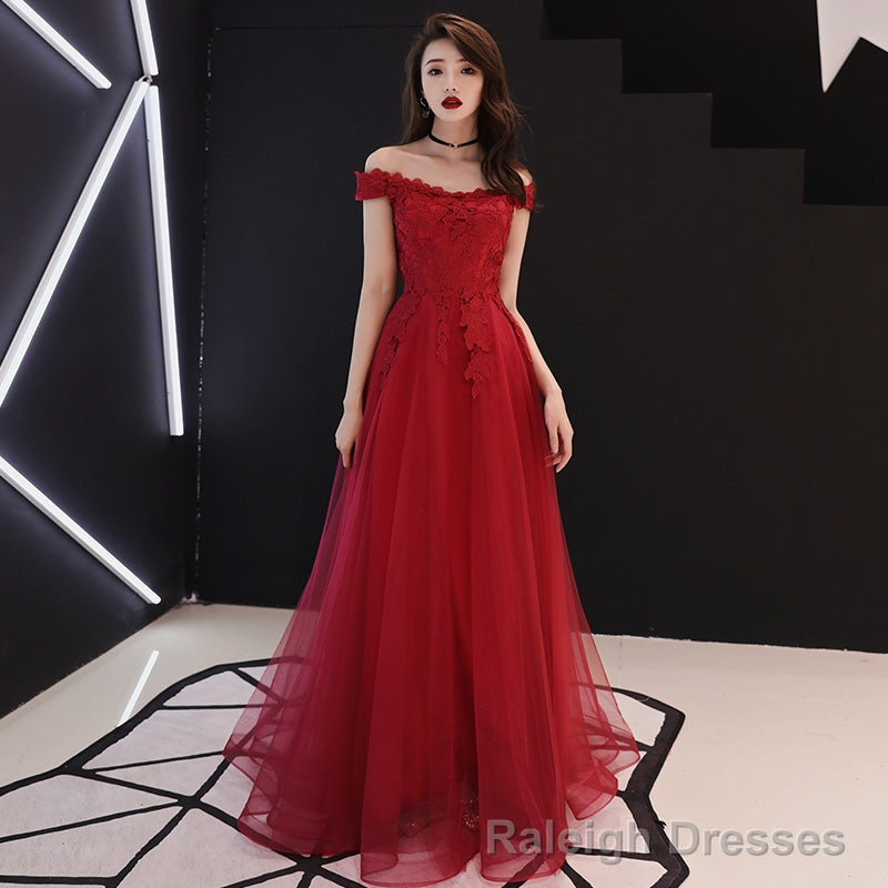 Burgundy lace tulle long prom dress, evening dress Main image