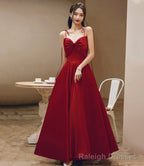 Burgundy satin long prom dress A-line evening dress