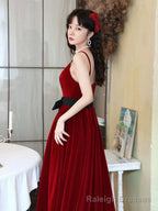 Burgundy Spaghetti Strap Velvet Long A-Line Prom Dress