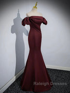 Burgundy Satin Long Prom Dresses Mermaid Off the Shoulder Prom Dresses