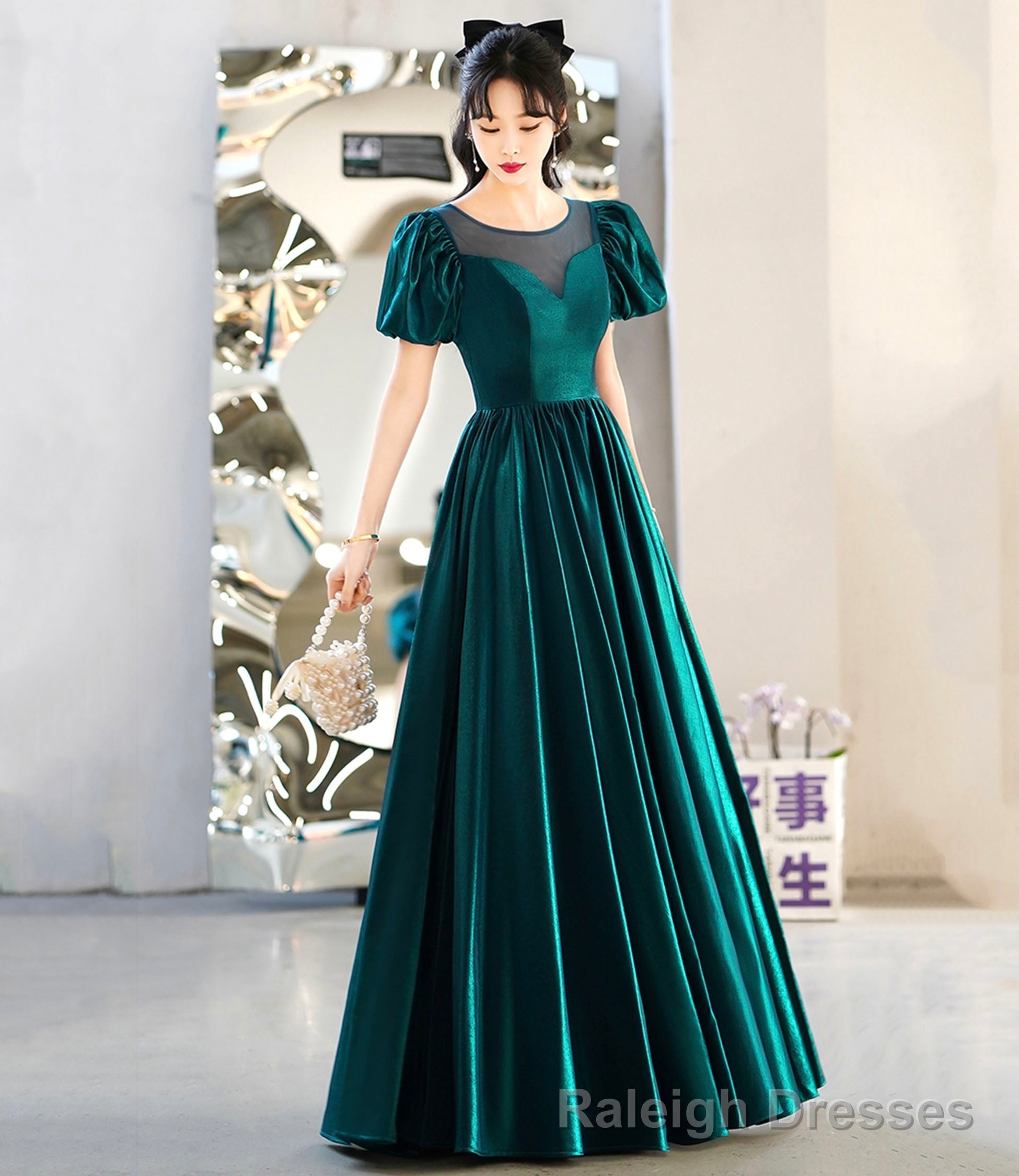 Green satin long prom dress A-line evening dress Main image