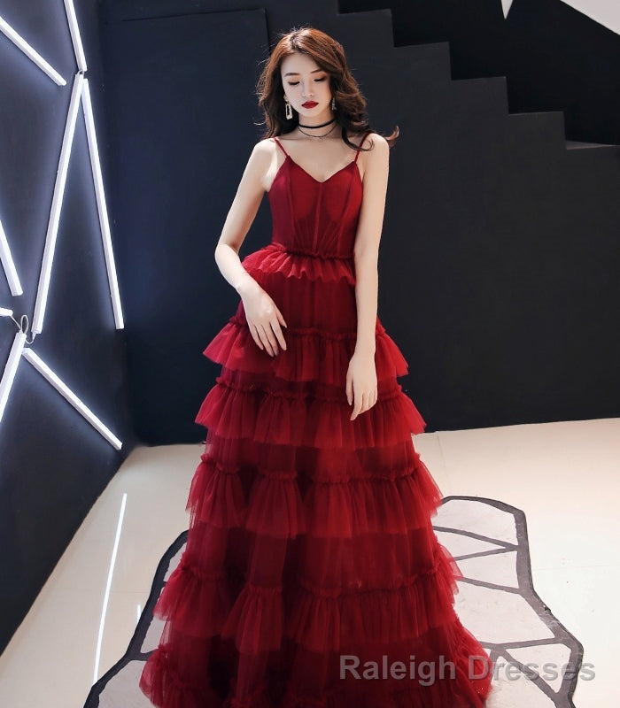 Burgundy tulle long prom gown formal dress Main image