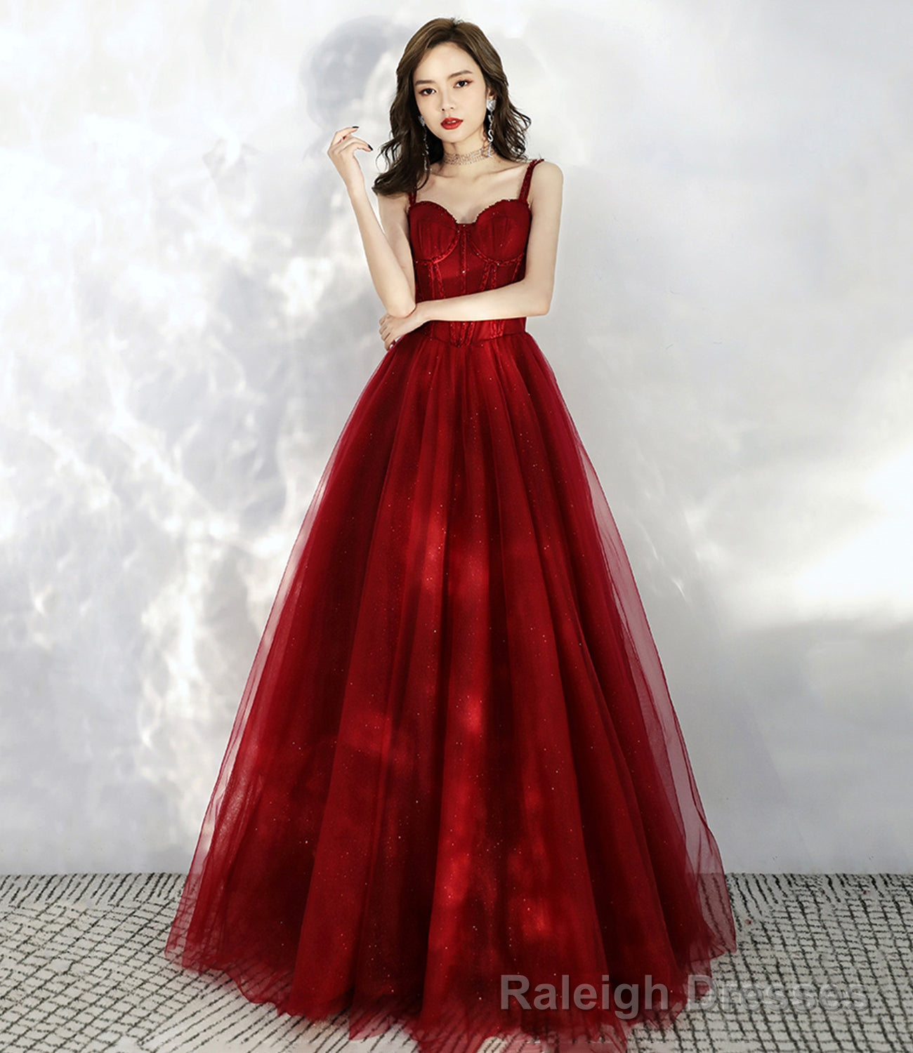 Burgundy tulle long A line prom dress evening dress Main image