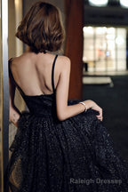 Black Simple v neck tulle long prom dress A line evening dress