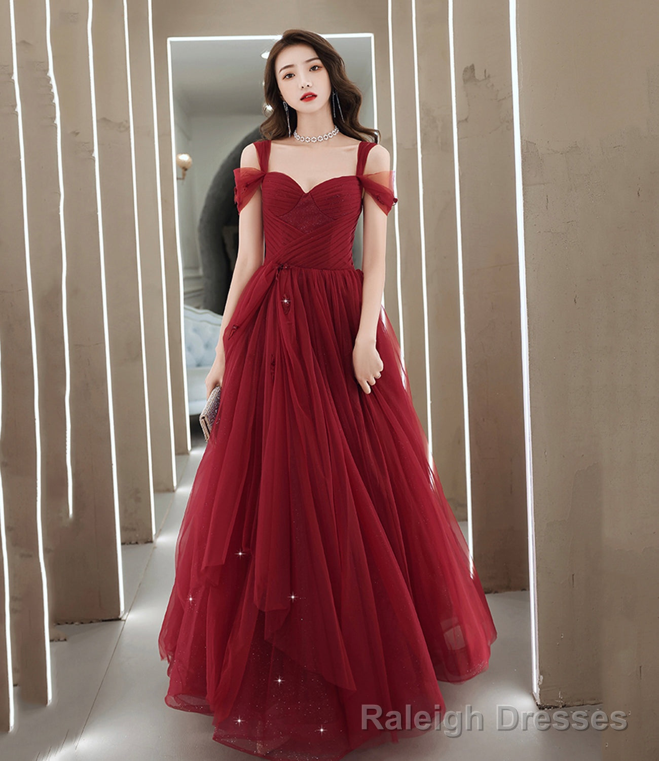 Burgundy tulle long prom dress A line evening dress