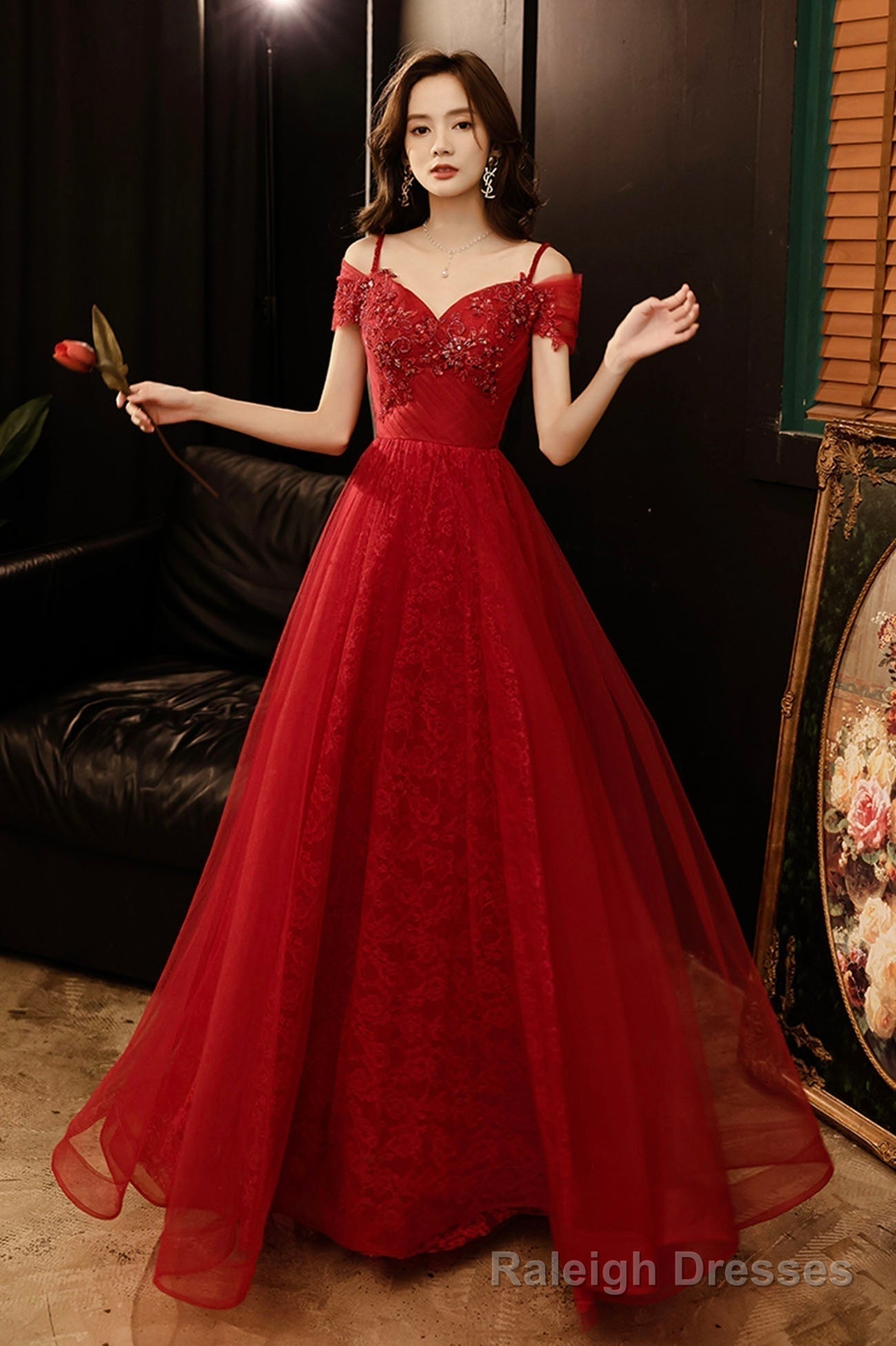 Burgundy tulle lace long prom dress A Line Prom dress