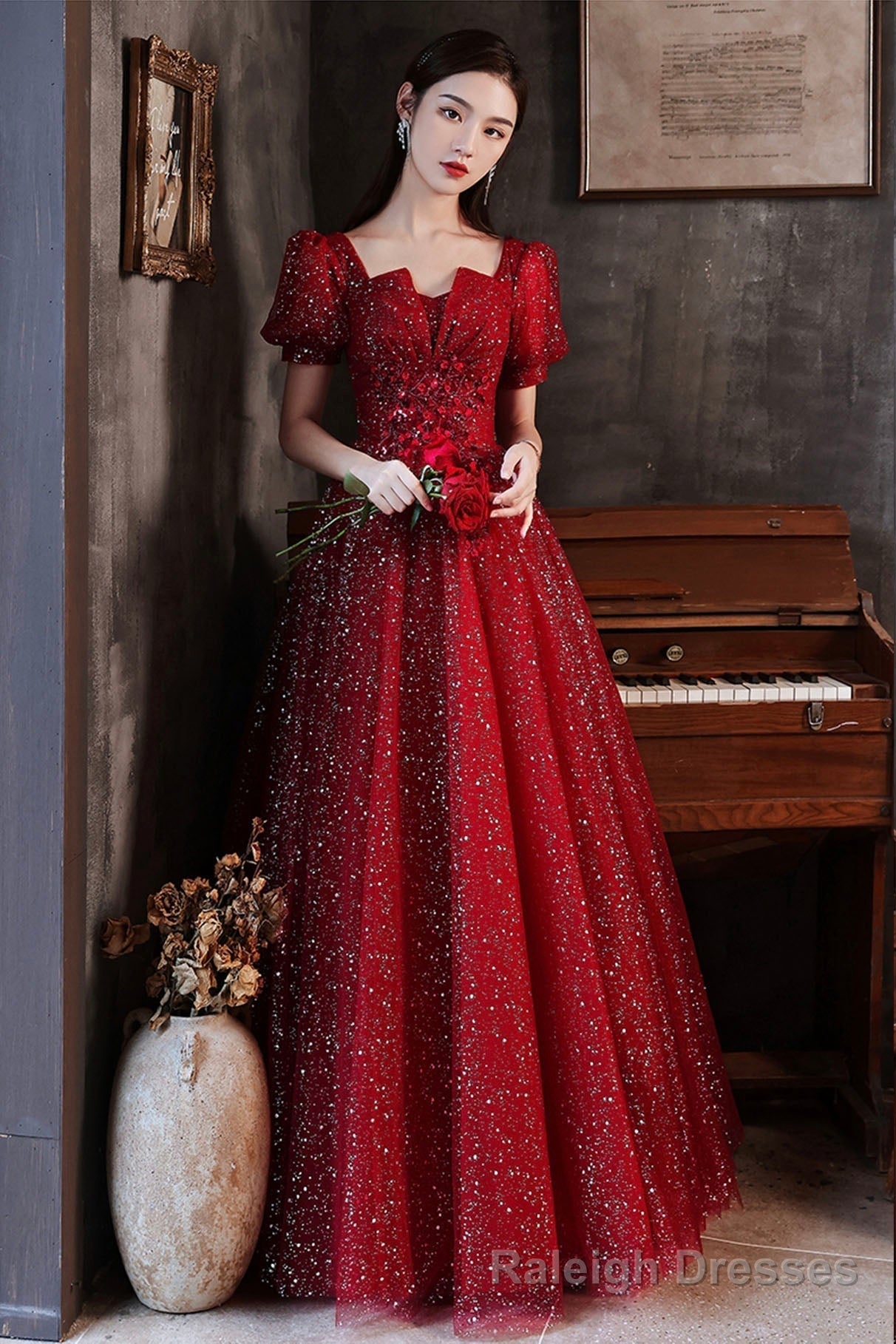 Burgundy sequins long prom dress evening dress