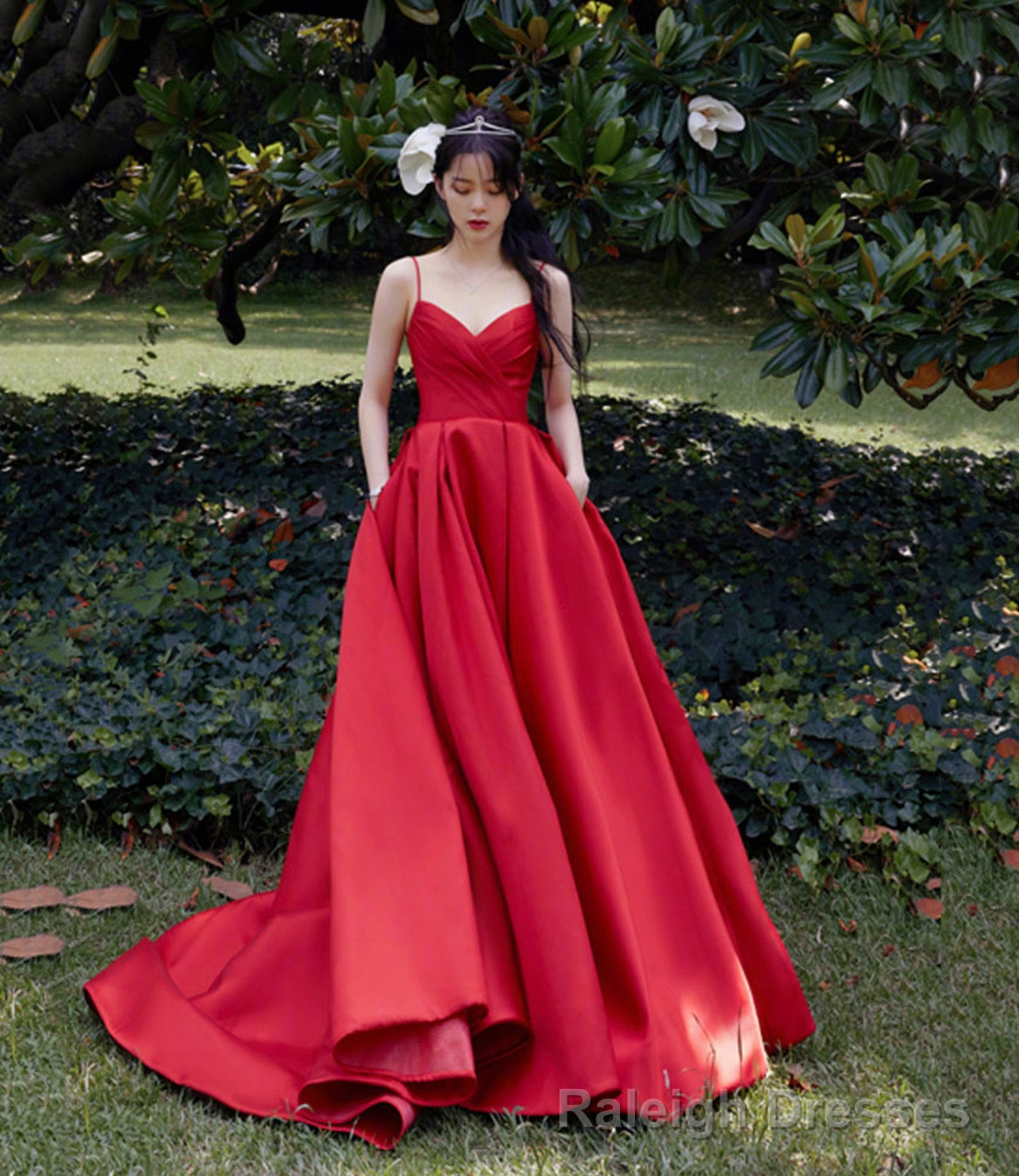 Red satin long prom dress A line evening dress Main image