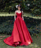 Red satin long prom dress A line evening dress