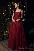 Burgundy tulle sequins long prom dress evening dress