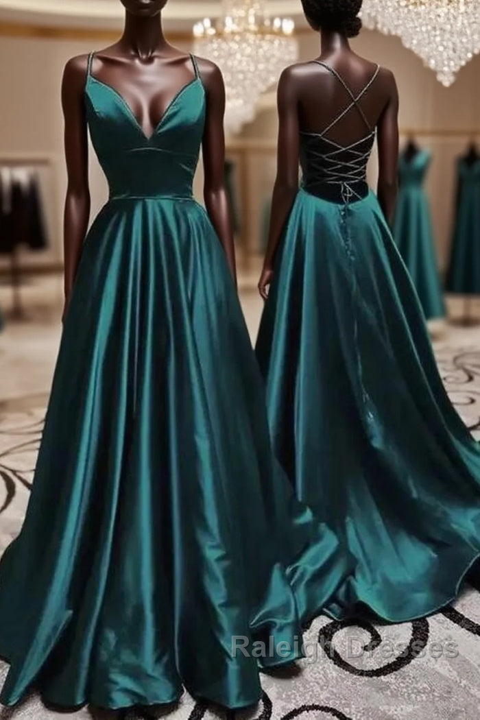 Elegant V Neck Spaghetti Straps A-line Dark Green Prom Dresses Main image