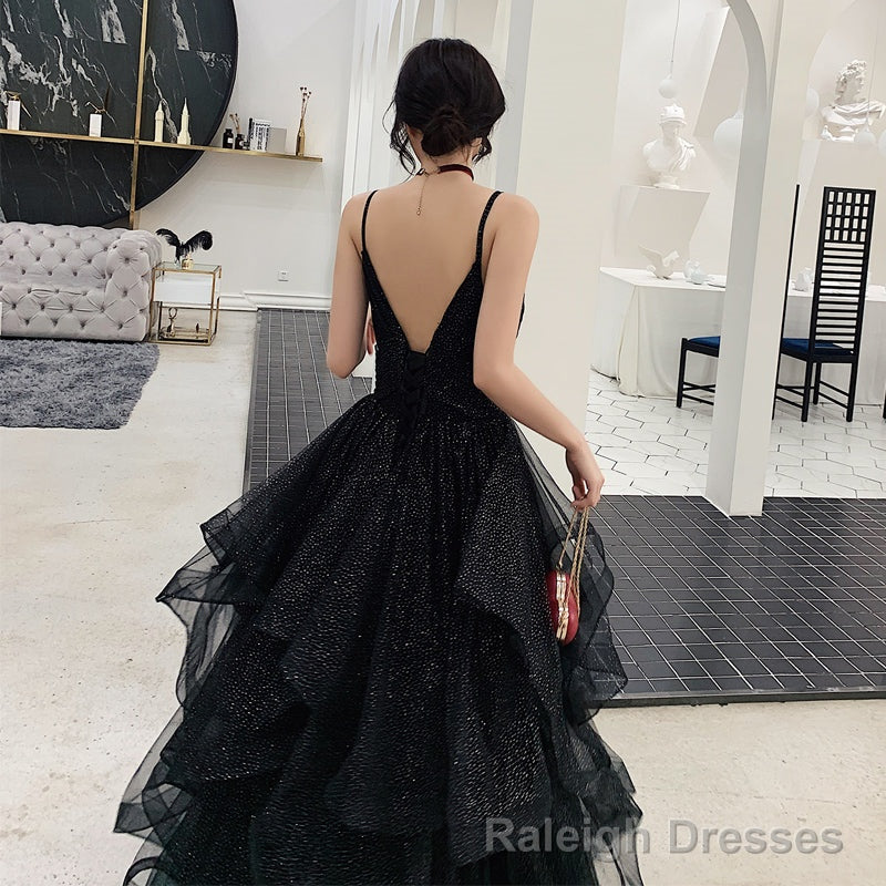 Black tulle sequins prom dress evening dress