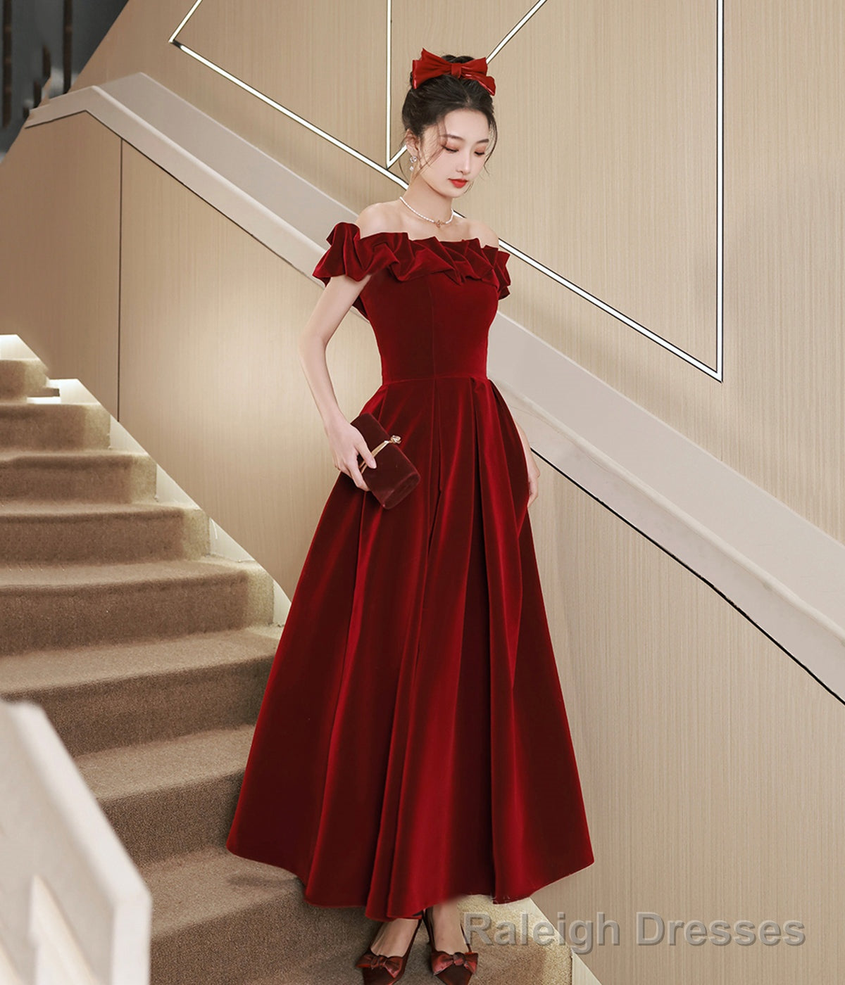 Burgundy Velvet Tea Length Prom Dress, Cute Evening Dress Party Dress Main image