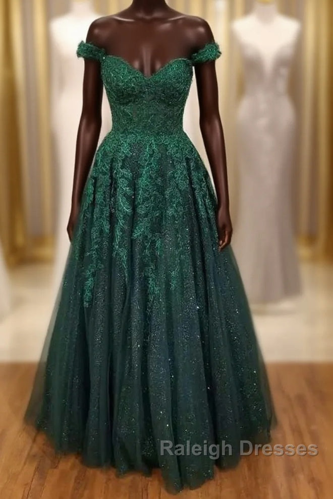 Off-the-Shoulder Cheap Hunter Green Formal Dress Floral Appliques Prom Dress Main image