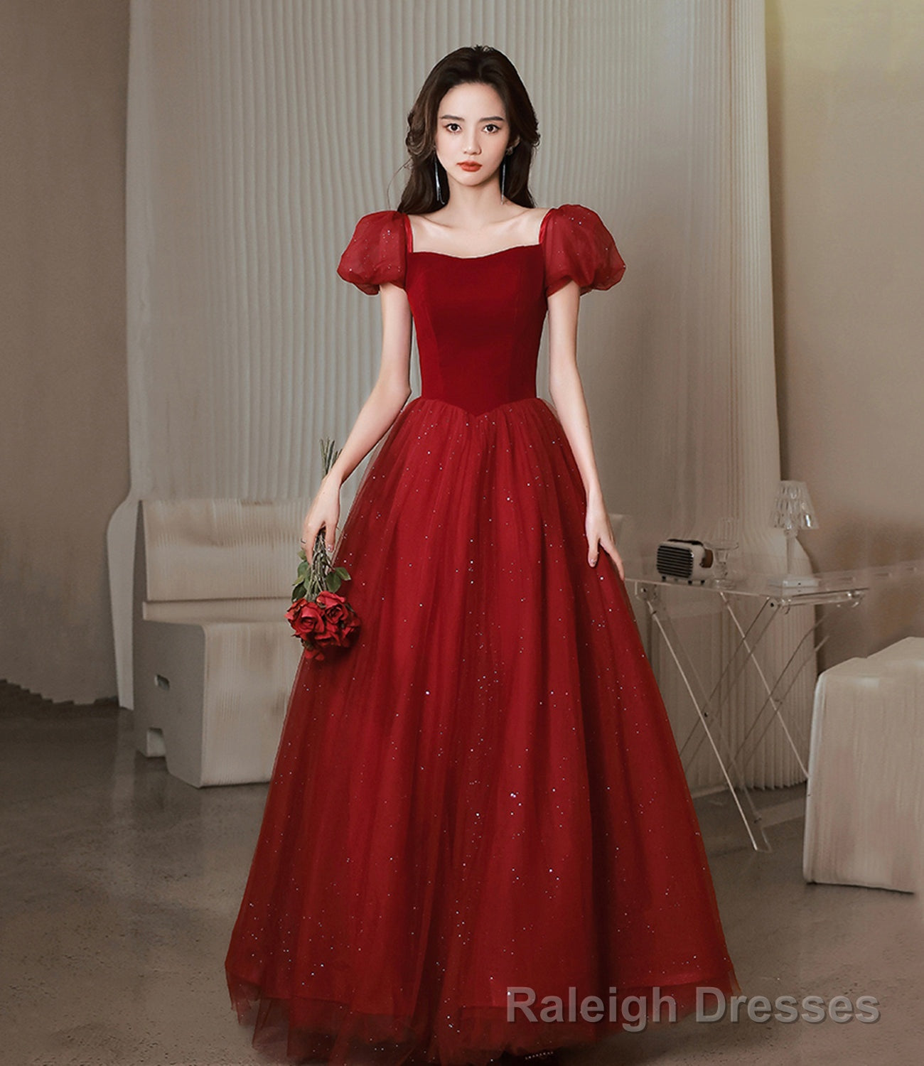 Burgundy velvet tulle long prom dress A line evening dress Main image
