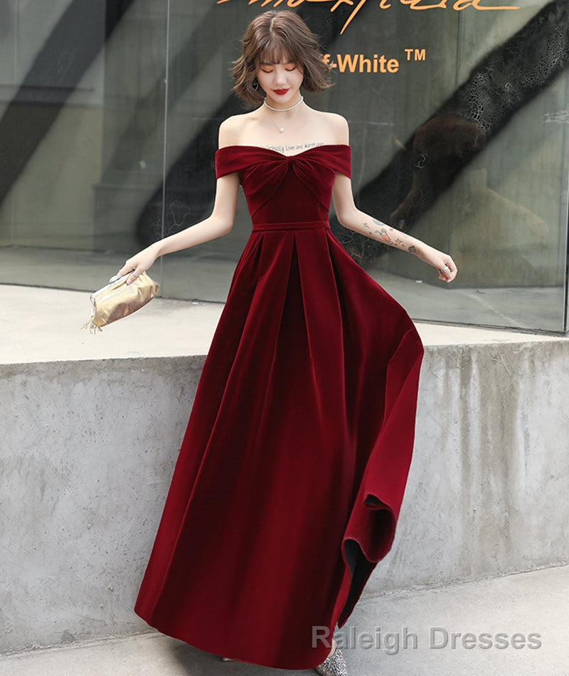 Burgundy velvet long prom dress evening dress Main image