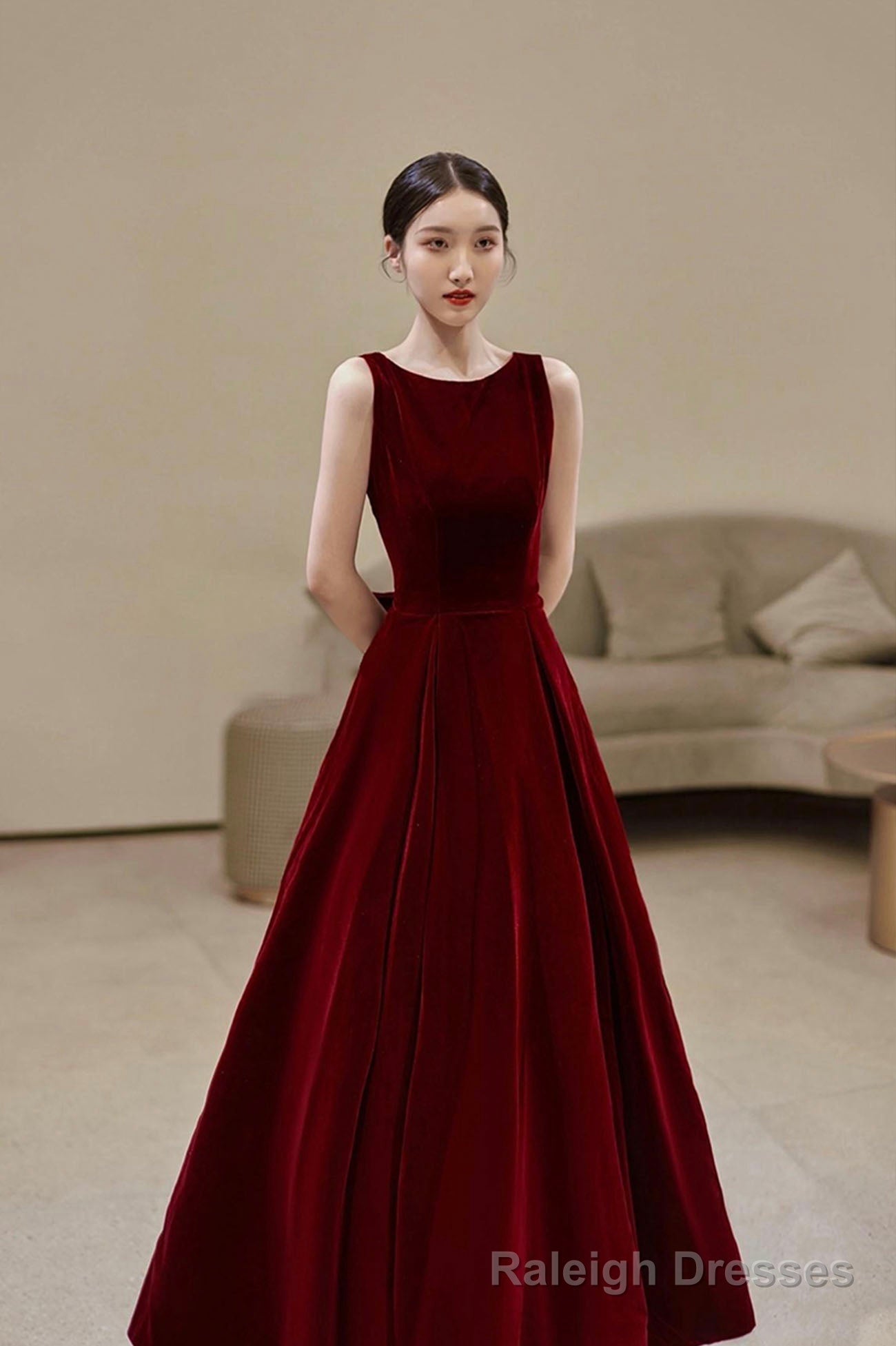 Burgundy velvet long A line prom dress with bow