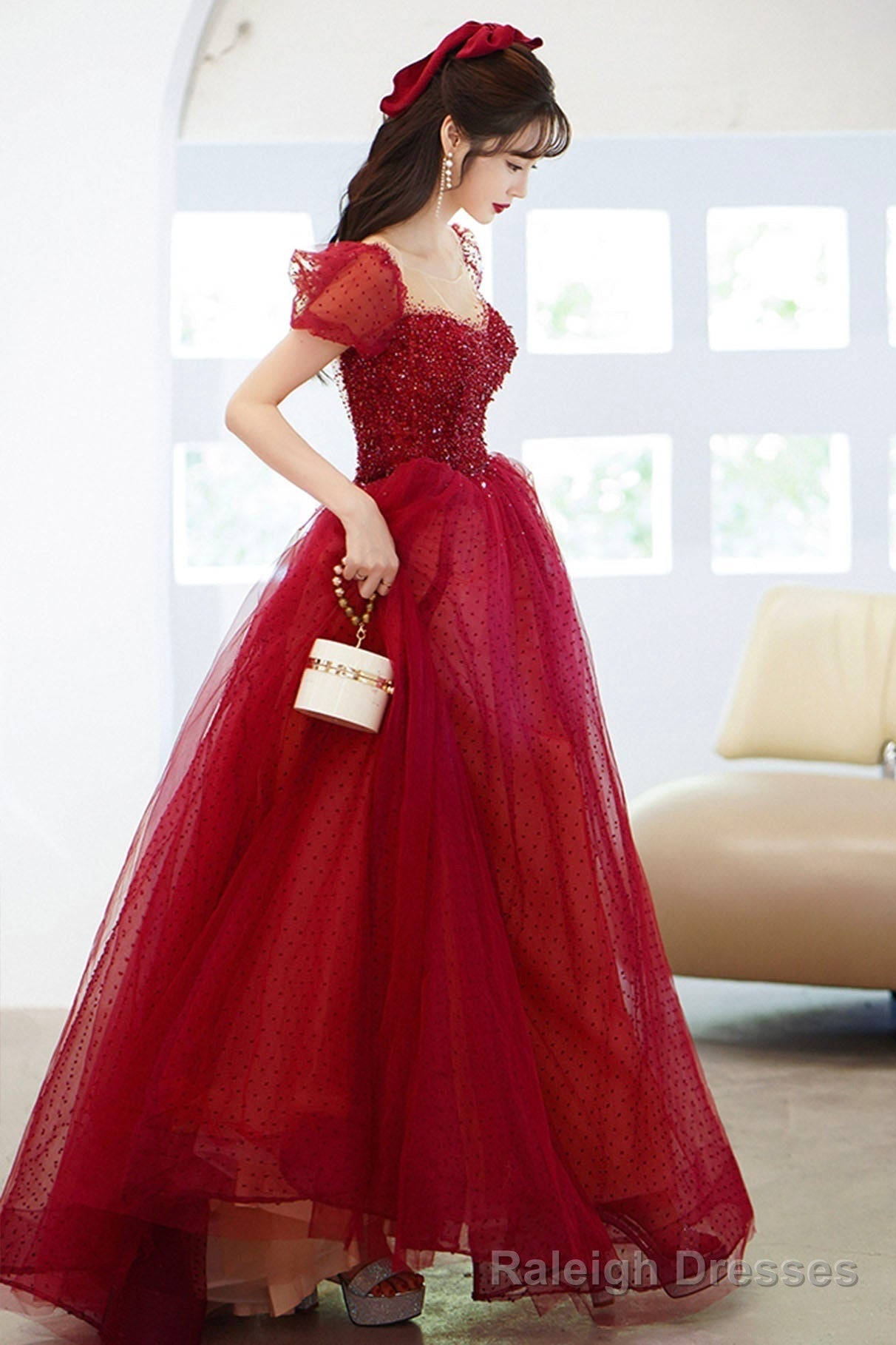 Burgundy tulle sequins long prom dress evening dress Secondary image