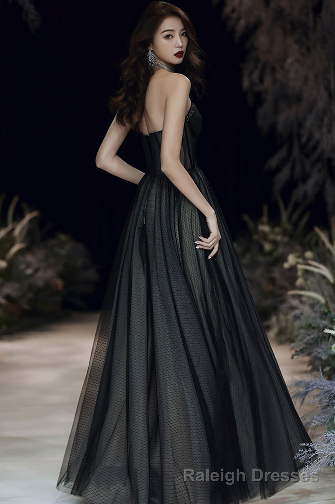 Black tulle long prom dress A line eveing dress