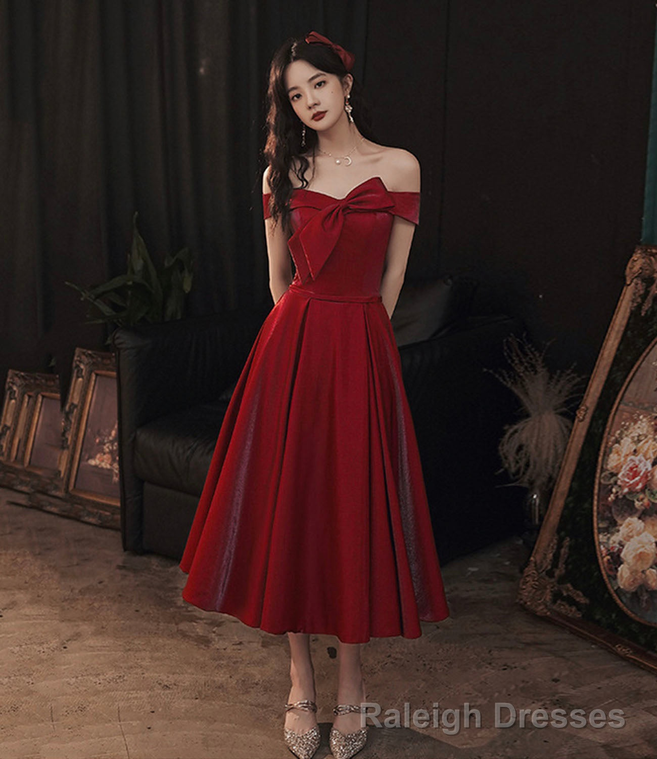 Cute satin short prom dress burgundy Prom dress Main image