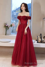 Burgundy tulle beads long prom dress evening dress