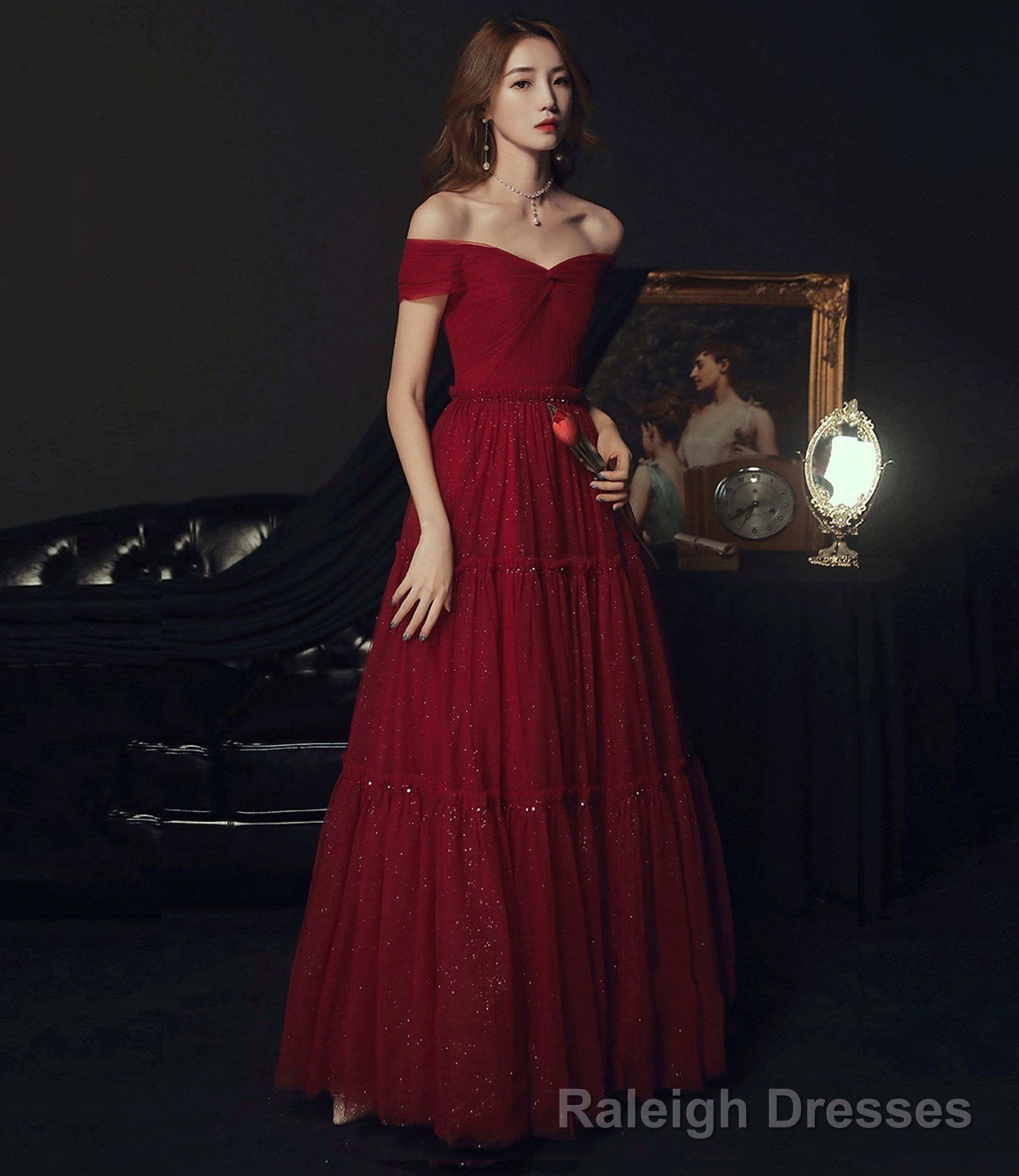Burgundy tulle off shoulder prom dress evening dress Main image