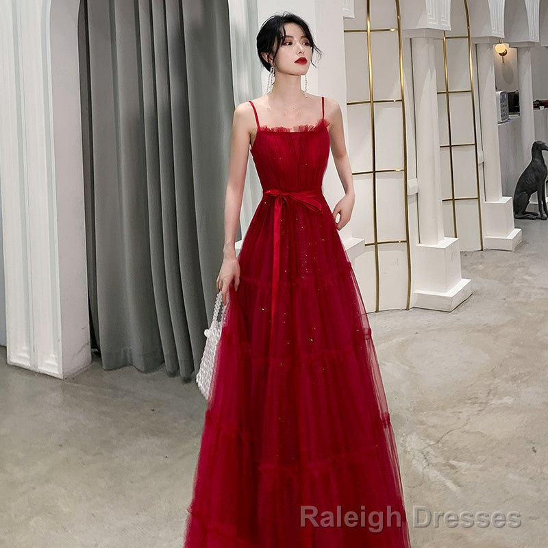 Burgundy tulle long prom dress, evening dress Main image