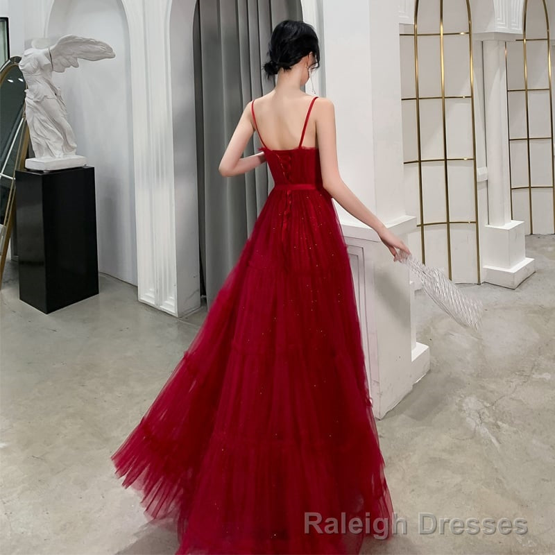 Burgundy tulle long prom dress, evening dress