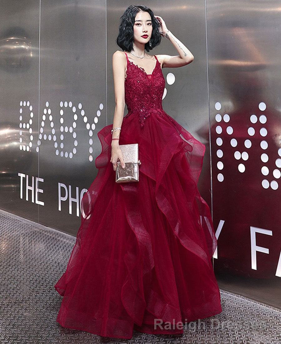 Burgundy lace prom gown evening dress Main image